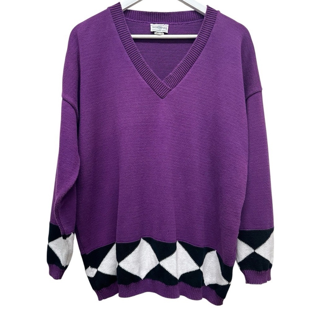 Vintage Sostanza Purple V-Neck Sweater with Geometric Pattern 80’s 90’s Retro - Picture 1 of 7